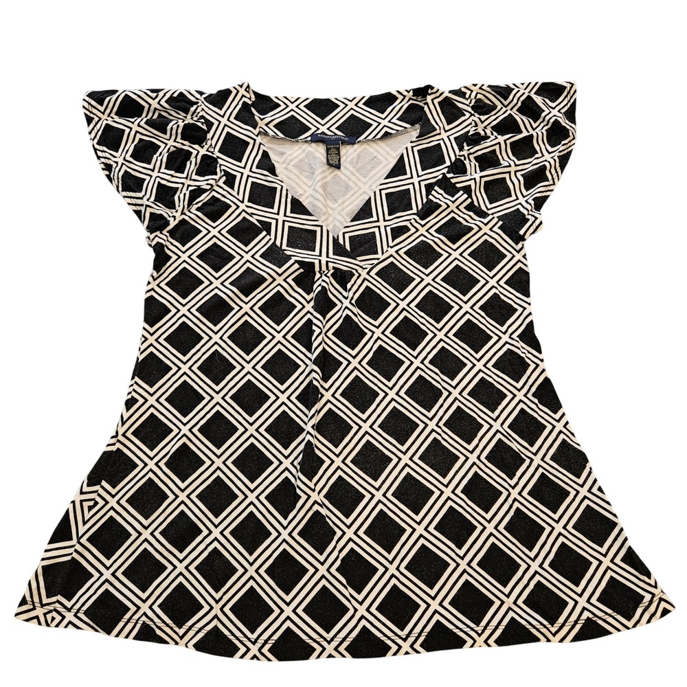 Banana Republic Womens Black White Geometric Diamond Flutter Sleeve V-Neck Top S